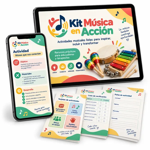 Producto principal del Kit Música en Acción en tablet, celular y fichas impresas